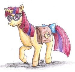 Size: 967x923 | Tagged: safe, artist:edhelistar, imported from derpibooru, moondancer, pony, unicorn, fanfic:continuity saga, bow, fanfic, fanfic art, female, glasses, mare, saddle bag, simple background, solo, tail bow, traditional art, white background