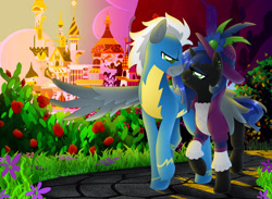 Size: 3477x2550 | Tagged: safe, artist:daydreamerpony, artist:lileya, edit, imported from derpibooru, oc, oc only, oc:rayne, oc:storm, pony, flower, garden, rose