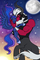 Size: 1024x1555 | Tagged: dead source, safe, artist:melspyrose, imported from derpibooru, lord tirek, princess luna, alicorn, pony, crack shipping, eyes closed, female, full moon, kissing, male, mare, moon, night, shipping, straight, tiluna