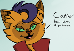 Size: 1015x699 | Tagged: safe, artist:itsthinking, derpibooru exclusive, imported from derpibooru, capper dapperpaws, abyssinian, anthro, khajiit, my little pony: the movie, blue background, bust, dialogue, looking at you, male, open mouth, portrait, reference, simple background, skyrim, text, the elder scrolls