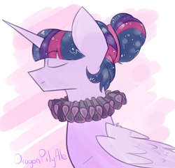 Size: 1430x1380 | Tagged: safe, artist:dragonpilyale, imported from derpibooru, twilight sparkle, alicorn, pony, collar, elizabethan, eyes closed, female, hair bun, mare, ruff (clothing), smiling, solo, twilight sparkle (alicorn)