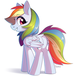 Size: 3000x3000 | Tagged: safe, artist:fensu-san, imported from derpibooru, rainbow dash, pegasus, pony, female, looking at you, looking back, looking back at you, simple background, smiling, solo