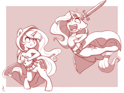 Size: 1200x900 | Tagged: safe, artist:silentwulv, imported from derpibooru, princess celestia, princess luna, anthro, unguligrade anthro, armor, cloak, clothes, commission, duo, female, fight, kunai, kunoichi, mare, monochrome, ninja, open mouth, royal sisters, simple background, sisters, sword, weapon