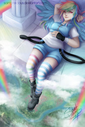 Size: 792x1188 | Tagged: safe, artist:saintprecious, imported from derpibooru, rainbow dash, human, clothes, cloudsdale, female, humanized, socks, striped socks, winged humanization, wings