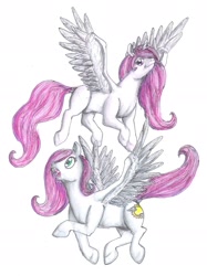 Size: 1415x1890 | Tagged: safe, artist:edhelistar, imported from derpibooru, princess celestia, oc, oc:sunny skies, alicorn, pegasus, pony, duo, female, lidded eyes, mare, open mouth, pink-mane celestia, simple background, traditional art, white background, young celestia, younger