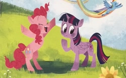 Size: 765x473 | Tagged: safe, artist:zoe persico, imported from derpibooru, pinkie pie, rainbow dash, twilight sparkle, twilight sparkle (alicorn), alicorn, earth pony, pegasus, pony, cute, flying, little golden book, speed trail, worried