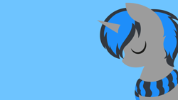 Size: 1366x768 | Tagged: safe, artist:rish--loo, imported from derpibooru, oc, oc only, oc:frost fang, pony, unicorn, blue background, clothes, eyes closed, female, horn, lineless, mare, scarf, simple background, solo, wallpaper