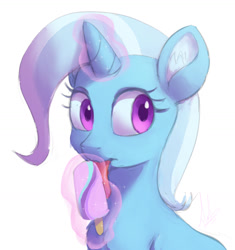 Size: 970x1032 | Tagged: safe, artist:grissaecrim, artist:raikoh, imported from derpibooru, trixie, pony, unicorn, cute, diatrixes, female, food, implied lesbian, implied shipping, implied startrix, licking, magic, mare, popsicle, simple background, solo, telekinesis, tongue out