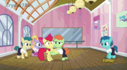 Size: 854x470 | Tagged: safe, imported from derpibooru, screencap, apple bloom, berry star, shining passion, shuffle step, waltzer, pony, on your marks, animated, dance studio, dancing, female, gif, spinning