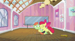 Size: 854x470 | Tagged: dead source, safe, imported from derpibooru, screencap, apple bloom, ballet jubilee, berry star, shining passion, shuffle step, strawberry swing, waltzer, pony, on your marks, animated, dance studio, dancing, dizzy, female, gif, spinning