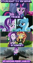 Size: 753x1440 | Tagged: safe, edit, edited screencap, imported from derpibooru, screencap, starlight glimmer, sunset shimmer, trixie, twilight sparkle, alicorn, pony, equestria girls, mirror magic, no second prances, spoiler:eqg specials, iron man, screencap comic, spanish, translated in the comments, twilight sparkle (alicorn)