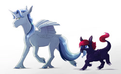 Size: 1280x789 | Tagged: safe, artist:vindhov, imported from derpibooru, oc, oc only, oc:cerulean, oc:noctis, alicorn, dracony, hybrid, pony, biting, digital art, male, offspring, parent:good king sombra, parent:king sombra, parent:princess celestia, parent:princess luna, parent:spike, parents:celestibra, parents:spiluna, simple background, stallion, tail bite, walking, white background