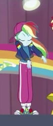 Size: 182x430 | Tagged: safe, imported from derpibooru, screencap, rainbow dash, sunset shimmer, dance magic, equestria girls, spoiler:eqg specials, cap, clothes, converse, cropped, eyes closed, female, hat, hip hop, jacket, outfit, pants, rapper dash, shoes, sneakers, solo focus