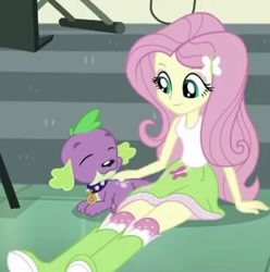 Size: 368x371 | Tagged: safe, imported from derpibooru, screencap, fluttershy, spike, spike the regular dog, dog, dance magic, equestria girls, spoiler:eqg specials, boots, clothes, cute, eyes closed, female, male, skirt, smiling
