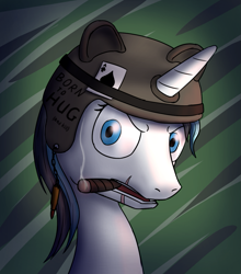 Size: 1007x1145 | Tagged: safe, artist:panzerhi, imported from derpibooru, oc, oc only, pony, unicorn, ace of spades, born to hug, born to kill, born to x, bust, card, cigar, helmet, male, portrait, scar, solo, stallion, war