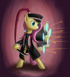 Size: 1990x2200 | Tagged: safe, artist:panzerhi, imported from derpibooru, fluttershy, pony, bipedal, bullet, cap, female, hard clothes, hat, motion blur, saber, solo, standing, weapon