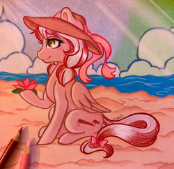 Size: 3001x2900 | Tagged: safe, artist:emberslament, imported from derpibooru, oc, oc only, oc:cherry blossom, pegasus, pony, beach, female, flower, hat, high res, mare, sitting, solo