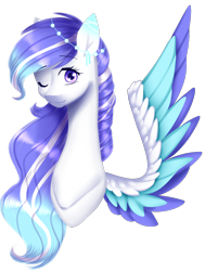 Size: 908x1199 | Tagged: safe, artist:clefficia, imported from derpibooru, oc, oc only, oc:starry, pegasus, pony, colored wings, female, mare, multicolored wings, one eye closed, simple background, solo, transparent background, wink