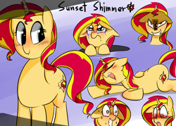 Size: 1400x1000 | Tagged: safe, artist:zouyugi, imported from derpibooru, sunset shimmer, pony, unicorn, blushing, crying, cute, drool, expressions, female, floppy ears, frown, grin, majestic as fuck, mare, nervous, open mouth, prone, shimmerbetes, sleeping, smiling, solo, sweat, wide eyes