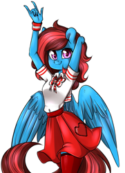 Size: 885x1221 | Tagged: safe, artist:laity, imported from derpibooru, oc, oc only, oc:lucid heart, anthro, pegasus, clothes, cute, cutie mark on clothes, devil horn (gesture), female, heart eyes, school uniform, schoolgirl, skirt, skirt lift, solo, stockings, thigh highs, wingding eyes, wings, ych result