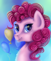 Size: 985x1164 | Tagged: dead source, safe, artist:ellen124, imported from derpibooru, pinkie pie, earth pony, pony, chest fluff, cutie mark background, female, mare, smiling, solo