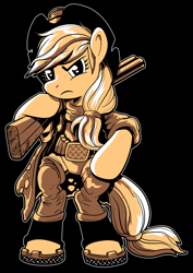 Size: 1500x2123 | Tagged: safe, artist:ecartoonman, imported from derpibooru, applejack, earth pony, pony, bipedal, clothes, costume, crossover, female, gun, jesse mccree, mccreejack, monochrome, overwatch, shotgun, simple background, solo, weapon