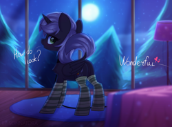 Size: 1686x1243 | Tagged: safe, artist:sonnatora, imported from derpibooru, oc, oc only, oc:quantum flash, alicorn, pony, clothes, collar, dialogue, female, heart, leash, mare, night, offscreen character, presenting, raised tail, rule 63, socks, solo, striped socks, tail, ych result