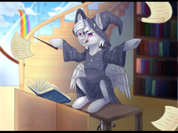 Size: 1600x1200 | Tagged: safe, artist:maria-fly, imported from derpibooru, oc, oc only, alicorn, pony, book, clothes, hat, magic, rainbow, robe, solo, wand, wizard, wizard hat, ych result