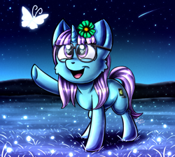 Size: 1000x900 | Tagged: safe, artist:kinky_spy, imported from derpibooru, oc, oc only, oc:lemon code, butterfly, pony, unicorn, comet, female, flower, flower in hair, glasses, night, outdoors, solo, ych result