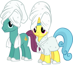 Size: 4822x4269 | Tagged: safe, artist:ironm17, imported from derpibooru, autumn leaf, lemon hearts, earth pony, pony, unicorn, absurd resolution, bathrobe, clothes, duo, female, lemonleaf, male, mare, shipping, simple background, slippers, stallion, straight, towel, transparent background, vector