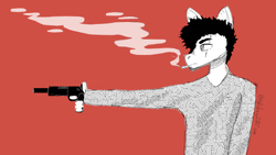 Size: 1920x1080 | Tagged: safe, artist:itzdatag0ndray, imported from derpibooru, oc, oc only, anthro, clothes, ear fluff, gun, handgun, long sleeves, male, pistol, red background, scar, simple background, smoking, solo, suppressor, weapon