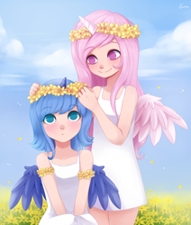 Size: 900x1061 | Tagged: safe, artist:exceru-karina, imported from derpibooru, princess celestia, princess luna, human, cewestia, duo, female, filly, floral head wreath, flower, horned humanization, humanized, no pupils, pink-mane celestia, royal sisters, sisters, smiling, winged humanization, wings, woona, younger