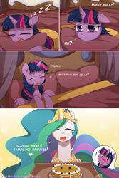 Size: 2000x3000 | Tagged: dead source, safe, artist:verawitch, imported from derpibooru, princess celestia, twilight sparkle, alicorn, pony, bed, blushing, breakfast in bed, comic, dialogue, fairandfaithful, female, food, lesbian, morning ponies, nuzzling, pancakes, shipping, sleeping, twilestia, twilight sparkle (alicorn), zzz