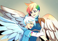 Size: 1400x990 | Tagged: safe, artist:bakki, imported from derpibooru, oc, oc only, oc:gren, oc:rainbow feather, human, brother and sister, commission, cute, ear piercing, earring, female, hug, humanized, humanized oc, interspecies offspring, jewelry, magical lesbian spawn, male, multicolored hair, next generation, offspring, parent:gilda, parent:rainbow dash, parents:gildash, piercing, winged humanization, wings