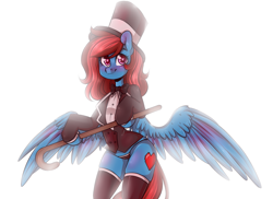 Size: 1274x925 | Tagged: safe, artist:laity, imported from derpibooru, oc, oc only, oc:lucid heart, pegasus, pony, semi-anthro, blushing, cabaret, cane, female, hat, looking at you, solo