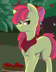 Size: 5100x6600 | Tagged: safe, artist:lula-moonarts, imported from derpibooru, apple bloom, earth pony, pony, absurd resolution, apple, bandana, bow, farming, female, filly, food, hair bow, missing cutie mark, neckerchief, smiling, solo