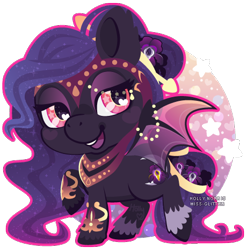 Size: 460x466 | Tagged: safe, artist:miss-glitter, imported from derpibooru, oc, oc only, oc:nightengale, bat pony, pony, accessories, accessory, bat wings, chibi, eyeshadow, female, flower, heart eyes, makeup, mare, rose, solo, unshorn fetlocks, wingding eyes