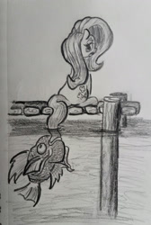 Size: 1280x1909 | Tagged: safe, artist:shoeunit, imported from derpibooru, fluttershy, magikarp, pegasus, pony, :o, biting, crossover, female, fishing, lidded eyes, looking back, magikarp jump, mare, monochrome, open mouth, pencil drawing, pokémon, sitting, solo, tail bite, tail fishing, traditional art, wat