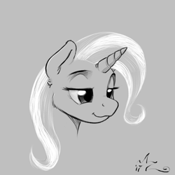 Size: 800x800 | Tagged: safe, artist:amarynceus, imported from derpibooru, trixie, pony, unicorn, bust, female, gray background, lidded eyes, mare, monochrome, simple background, sketch, smiling, solo