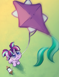 Size: 777x1010 | Tagged: safe, artist:dawnfire, imported from derpibooru, starlight glimmer, pony, unicorn, commission, cute, cutie mark, female, filly, filly starlight glimmer, glimmerbetes, grass, hnnng, kite, looking up, mouth hold, smiling, solo, that pony sure does love kites, weapons-grade cute, younger