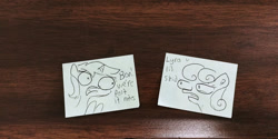 Size: 1280x640 | Tagged: safe, artist:tjpones, imported from derpibooru, bon bon, lyra heartstrings, sweetie drops, earth pony, pony, unicorn, background pony, dialogue, female, l.u.l.s., lineart, mare, meme, special eyes, sticky note, traditional art, vulgar