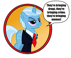 Size: 1217x1000 | Tagged: safe, artist:limedazzle, edit, imported from derpibooru, trixie, pony, unicorn, clothes, donald trump, female, grin, image macro, lidded eyes, meme, mouthpiece, necktie, politics, show accurate, simple background, smiling, smirk, solo, suit, transparent background