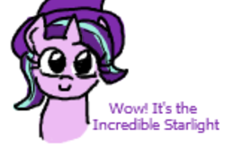 Size: 402x263 | Tagged: safe, artist:jargon scott, imported from derpibooru, starlight glimmer, pony, unicorn, cute, female, flockmod, glimmerbetes, hat, looking at you, meme, simple background, smiling, solo, text, white background, wizard hat, wow, wow! glimmer