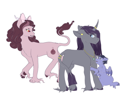 Size: 1024x805 | Tagged: safe, artist:uniquecolorchaos, imported from derpibooru, oc, oc only, oc:ambrosia light, oc:lunar borealis, oc:onyx night, bat pony, hybrid, pony, unicorn, colt, female, interspecies offspring, male, offspring, parent:discord, parent:oc:orion, parent:princess celestia, parent:princess luna, parents:canon x oc, parents:dislestia, simple background, white background