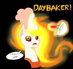 Size: 1095x1032 | Tagged: safe, artist:princesketchy, imported from derpibooru, daybreaker, alicorn, pony, a royal problem, baker, black background, bowl, chef's hat, dialogue, female, hat, looking at you, mane of fire, mare, pun, simple background, solo, speech, speech bubble, wingding eyes