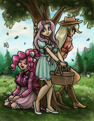 Size: 778x1000 | Tagged: safe, artist:king-kakapo, imported from derpibooru, applejack, fluttershy, pinkie pie, human, basket, beautiful, boots, clothes, cowboy hat, denim, dress, eyes closed, female, flower, hat, high heels, human female, humanized, kneeling, leaning, leaning back, light skin, open mouth, shoes, shorts, skirt, smiling, socks, stetson, suspenders, tree, trio, trio female