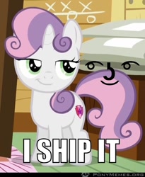 Size: 490x598 | Tagged: safe, edit, edited screencap, imported from derpibooru, screencap, sweetie belle, pony, unicorn, the fault in our cutie marks, cropped, cutie mark, female, filly, i ship it, le lenny face, meme, ponymemes, smug, smug belle, solo, the cmc's cutie marks