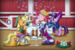 Size: 3300x2197 | Tagged: safe, artist:lifesharbinger, imported from derpibooru, applejack, derpy hooves, fluttershy, pinkie pie, rainbow dash, rarity, twilight sparkle, pony, unicorn, bathtub, brush, bubble, disney, high res, mane six, snow white and the seven dwarfs, soap