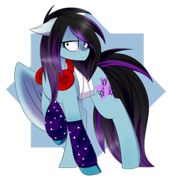 Size: 1280x1319 | Tagged: safe, artist:cupofvanillatea, imported from derpibooru, oc, oc only, oc:dark, oc:despy, pony, bandage, clothes, female, fusion, headphones, leg warmers, mare, one winged pegasus, socks, solo