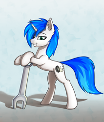 Size: 1700x2000 | Tagged: safe, artist:o0o-bittersweet-o0o, imported from derpibooru, oc, oc only, oc:shifting gear, pony, unicorn, looking at you, male, smiling, solo, standing, wrench